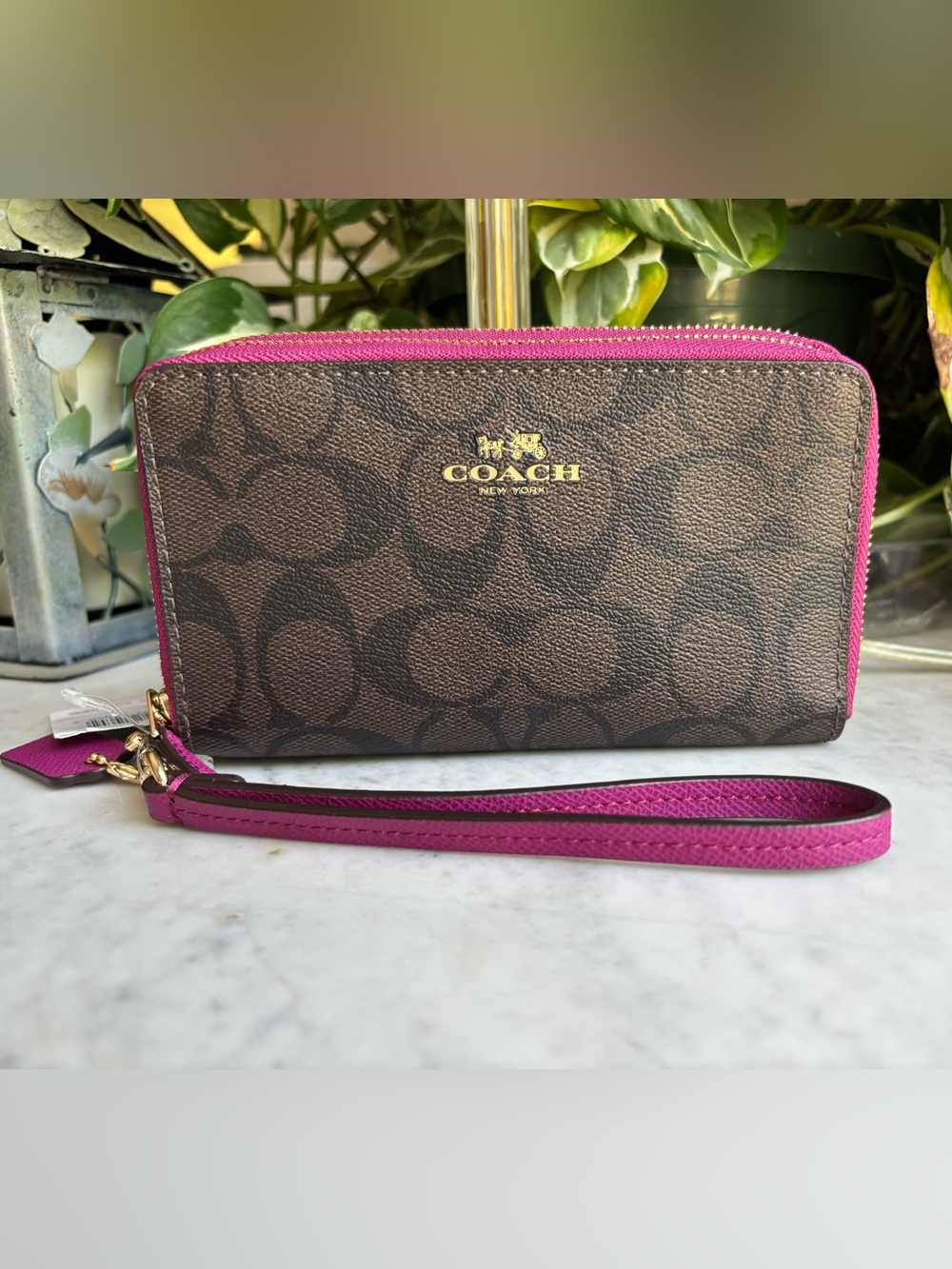 NWT Coach Brown Signature Double Zip Wristlet with Dark Fuchsia Trim